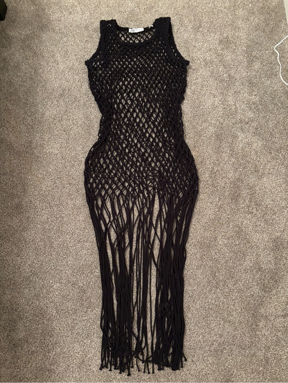 Zara Black Crochet Fringe Maxi Dress